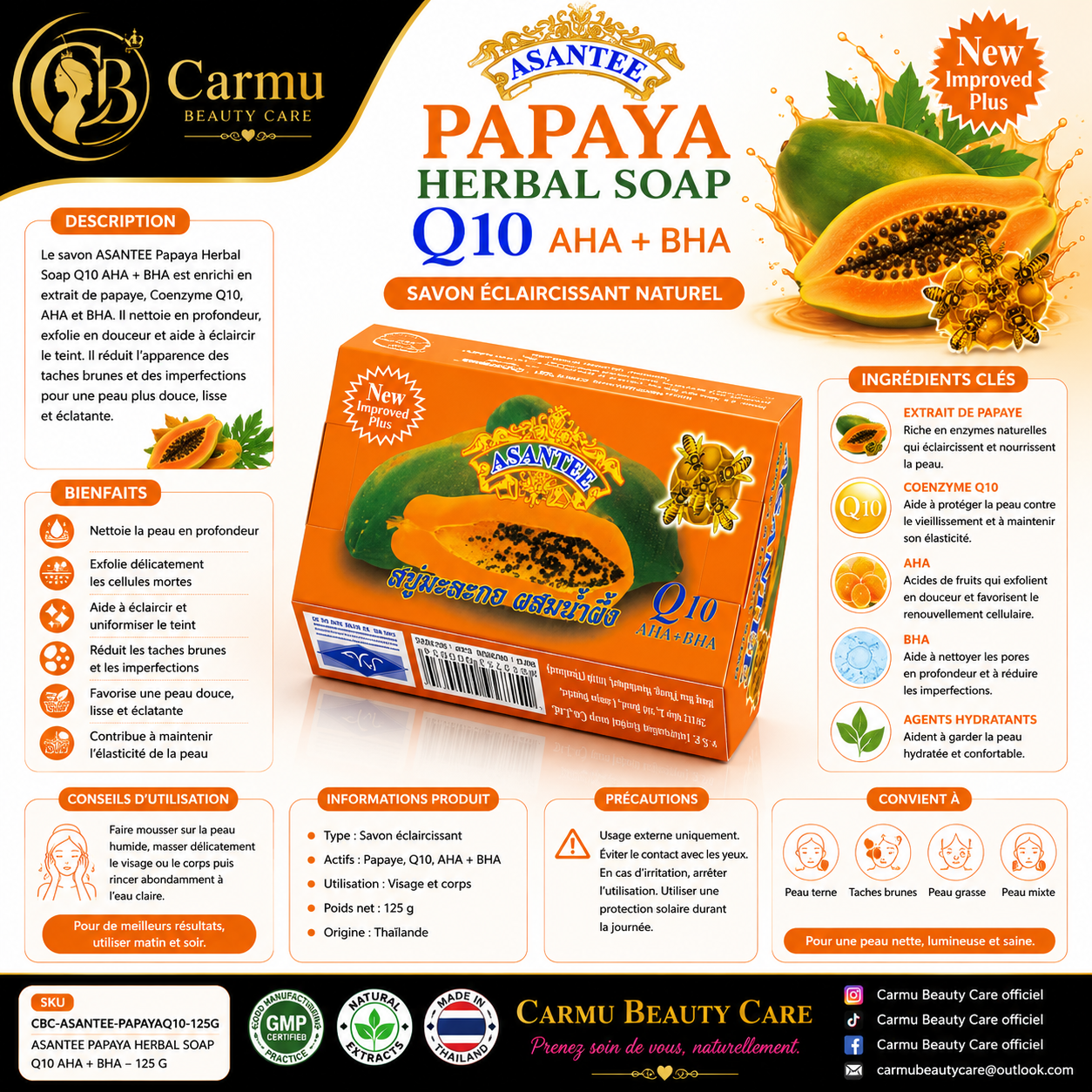ASANTEE Papaya Herbal Soap Q10 AHA + BHA