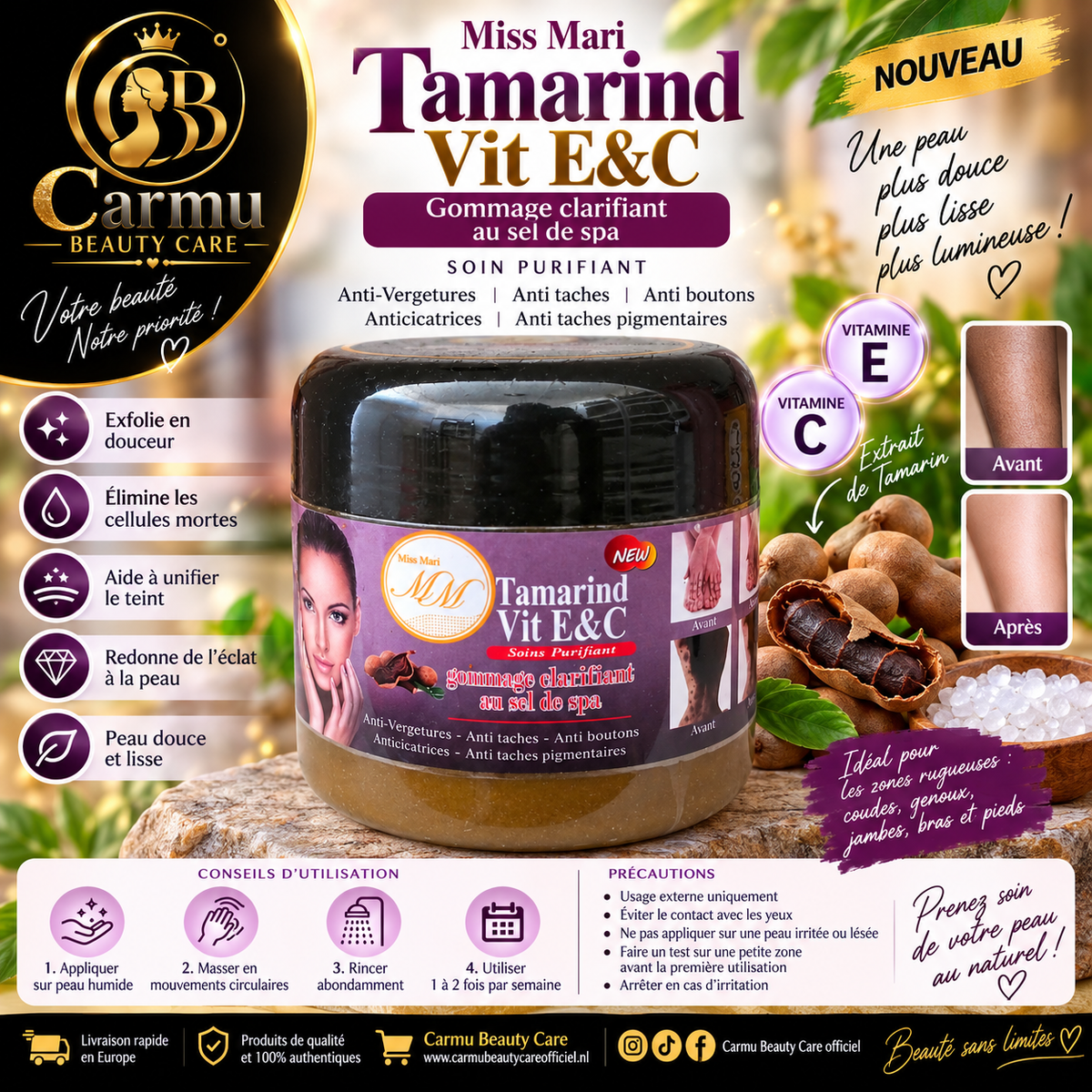 Miss Mari Tamarind Vit E&C – Gommage clarifiant au sel de spa