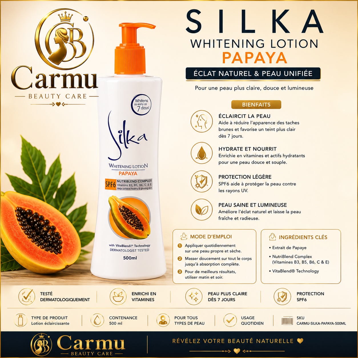 SILKA PAPAYA WHITENING LOTION SPF 6 – 500 ml